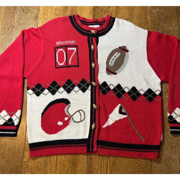 Vintage Christopher & Banks Wisconsin Football Cardigan Hand Embroidered Sz L - Picture 1 of 10